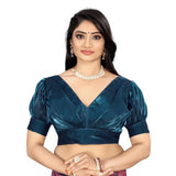 Teal organza free size blouse, half sleeve V-neck stitched organza blouse for women