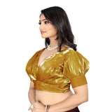 Metalic Gold Organza Blouse (Free Size), half sleeve v-neck stitched blouse for women with plain pattern