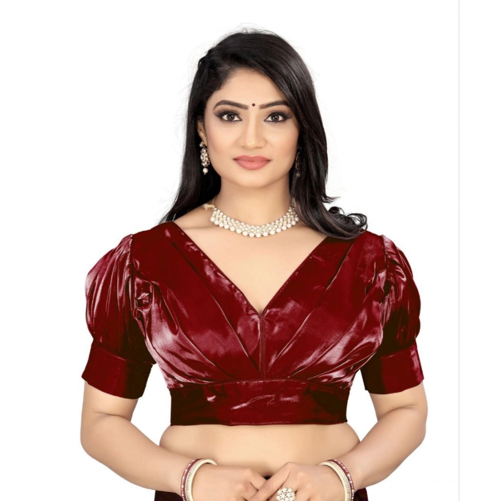 Maroon organza readymade blouse (free size), half sleeve v-neck style, plain pattern for women