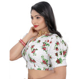 Green cotton blend floral readymade blouse for women, short sleeve v-neck style with intricate floral pattern on free size