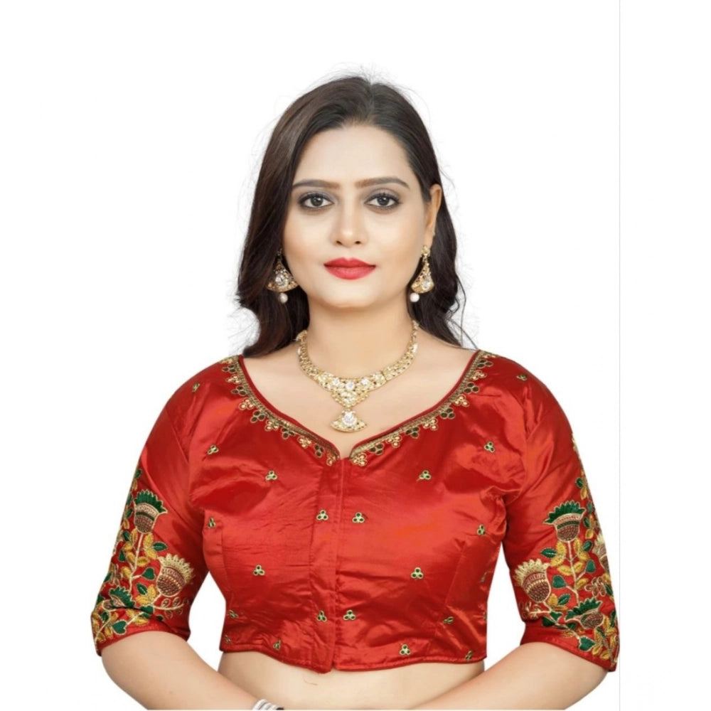Red Malai Silk floral blouse, half sleeve, round neck, free size
