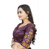 Purple Malai Silk half sleeve blouse with floral pattern for women, free size