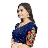 Navy Blue Malai Silk floral blouse for women, half sleeve round neck design with floral pattern
