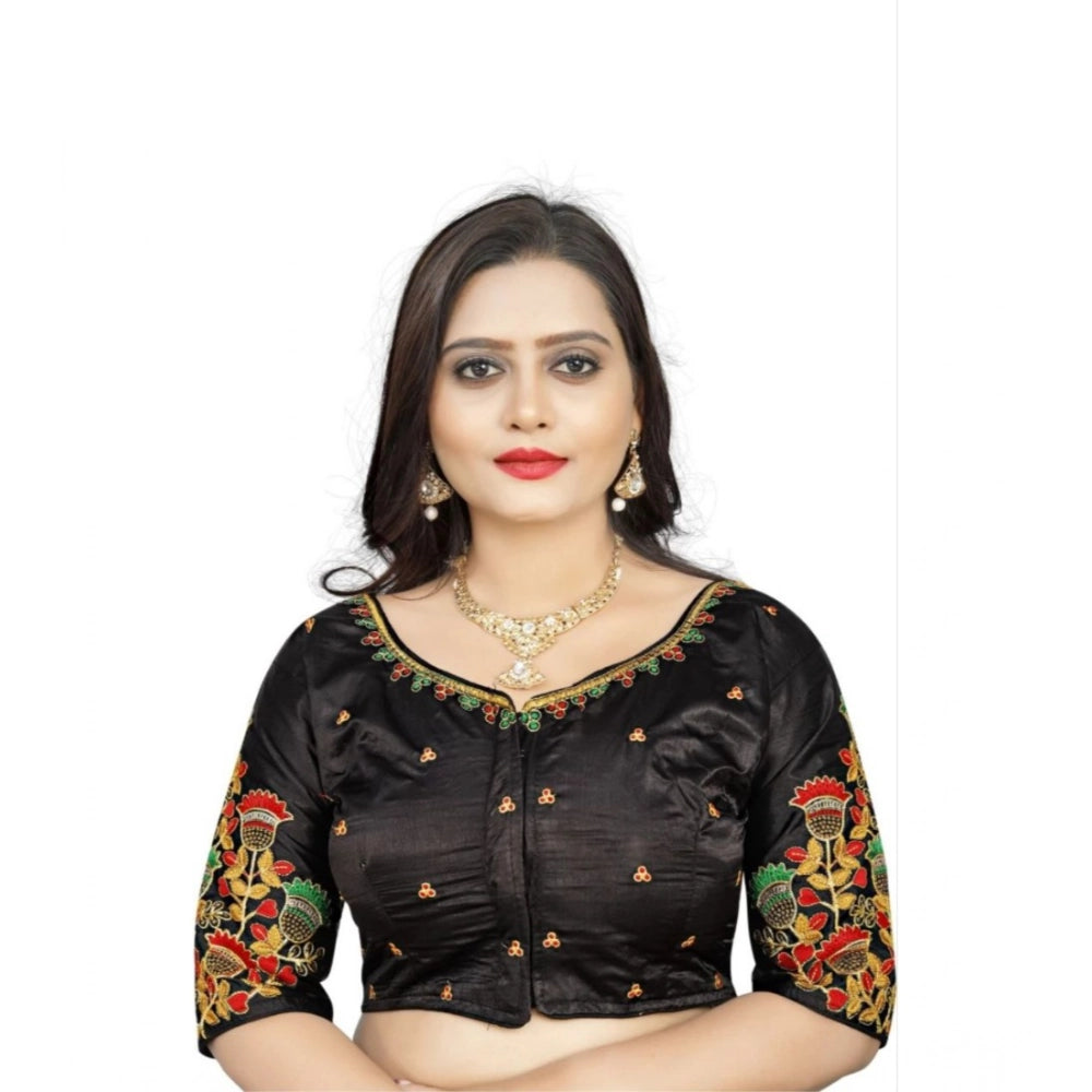 Black Malai Silk floral blouse (half sleeve, round neck), ready-made women's fashion