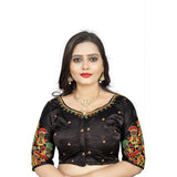 Black Malai Silk floral blouse (half sleeve, round neck), ready-made women's fashion