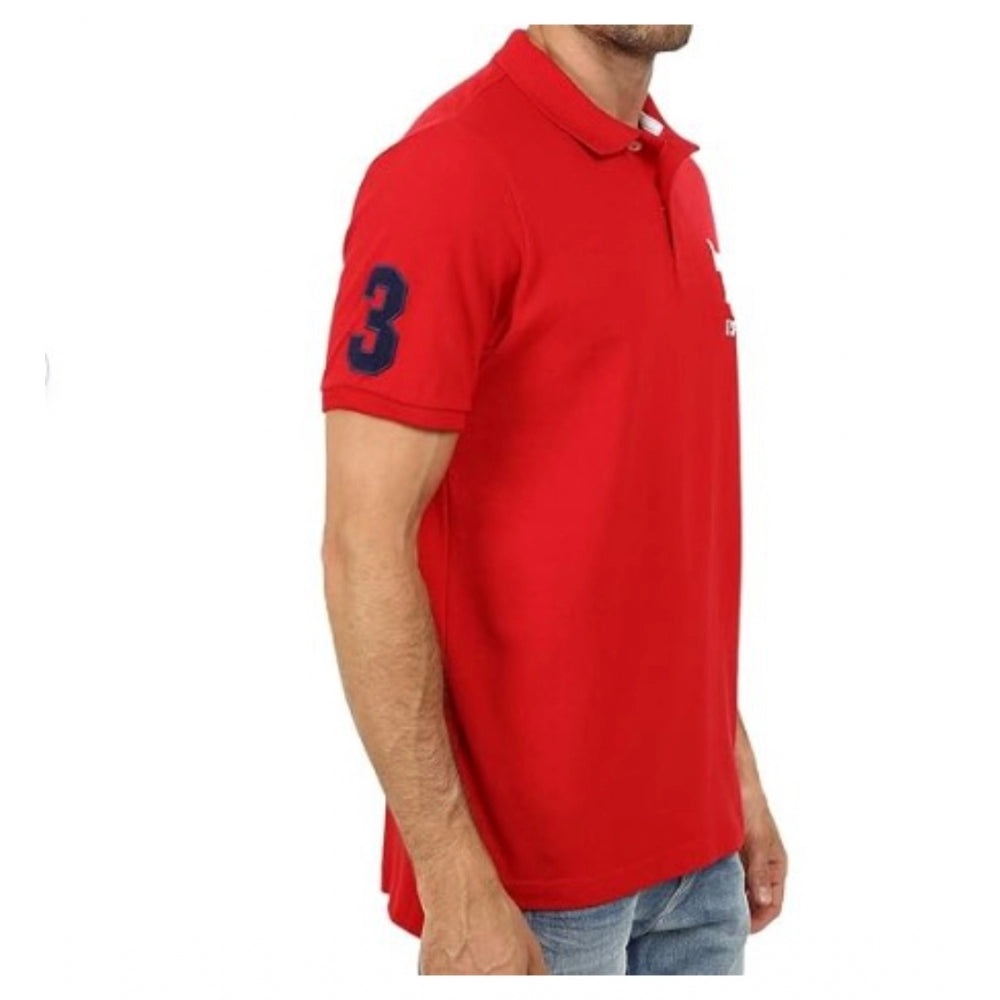 Red solid cotton men's casual half sleeve polo neck T-shirt on model, regular fit