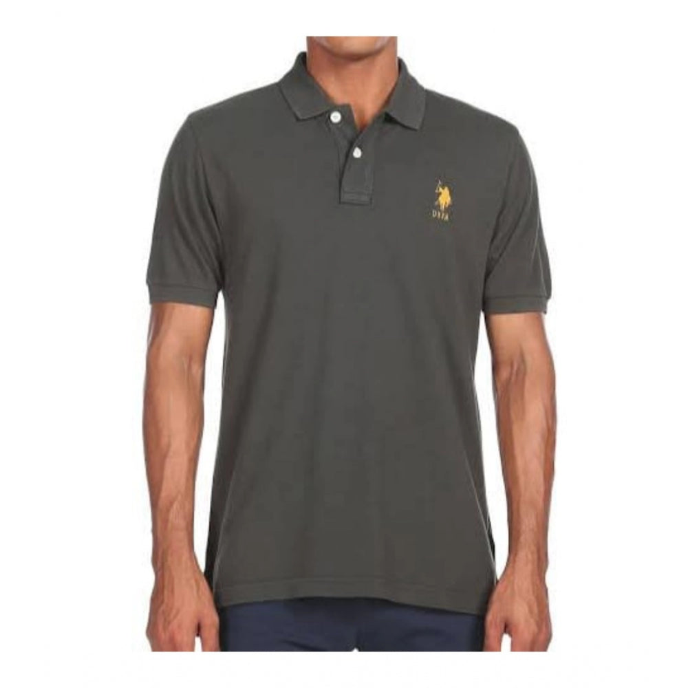 Dark grey solid cotton polo neck men's casual half sleeve t-shirt on hanger