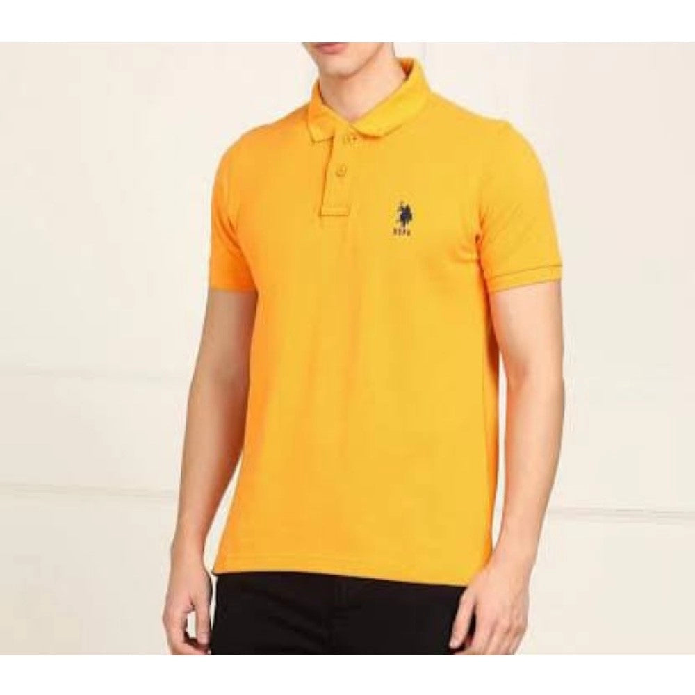 Yellow cotton half-sleeve polo neck t-shirt for men
