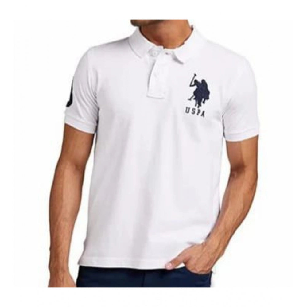 White cotton men's casual half-sleeve polo neck t-shirt with solid design, regular fit