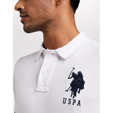 White cotton men's half sleeve polo neck T-shirt, solid design on display