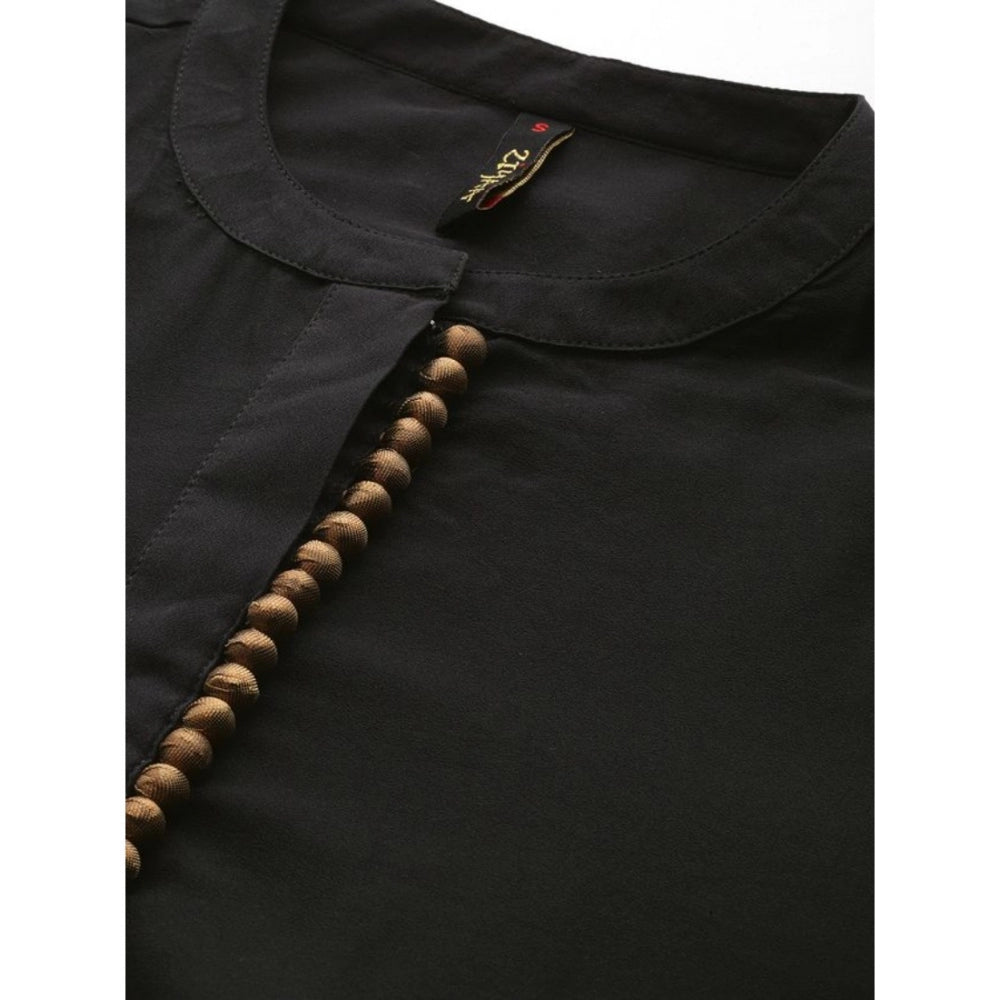 Black crepe ethnic motifs kurti pant and dupatta set with band collar and 3-4th sleeve length