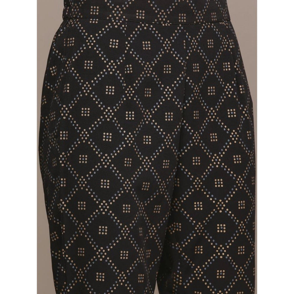 Black crepe ethnic motifs kurti pant and dupatta set with band collar and 3-4th sleeve length