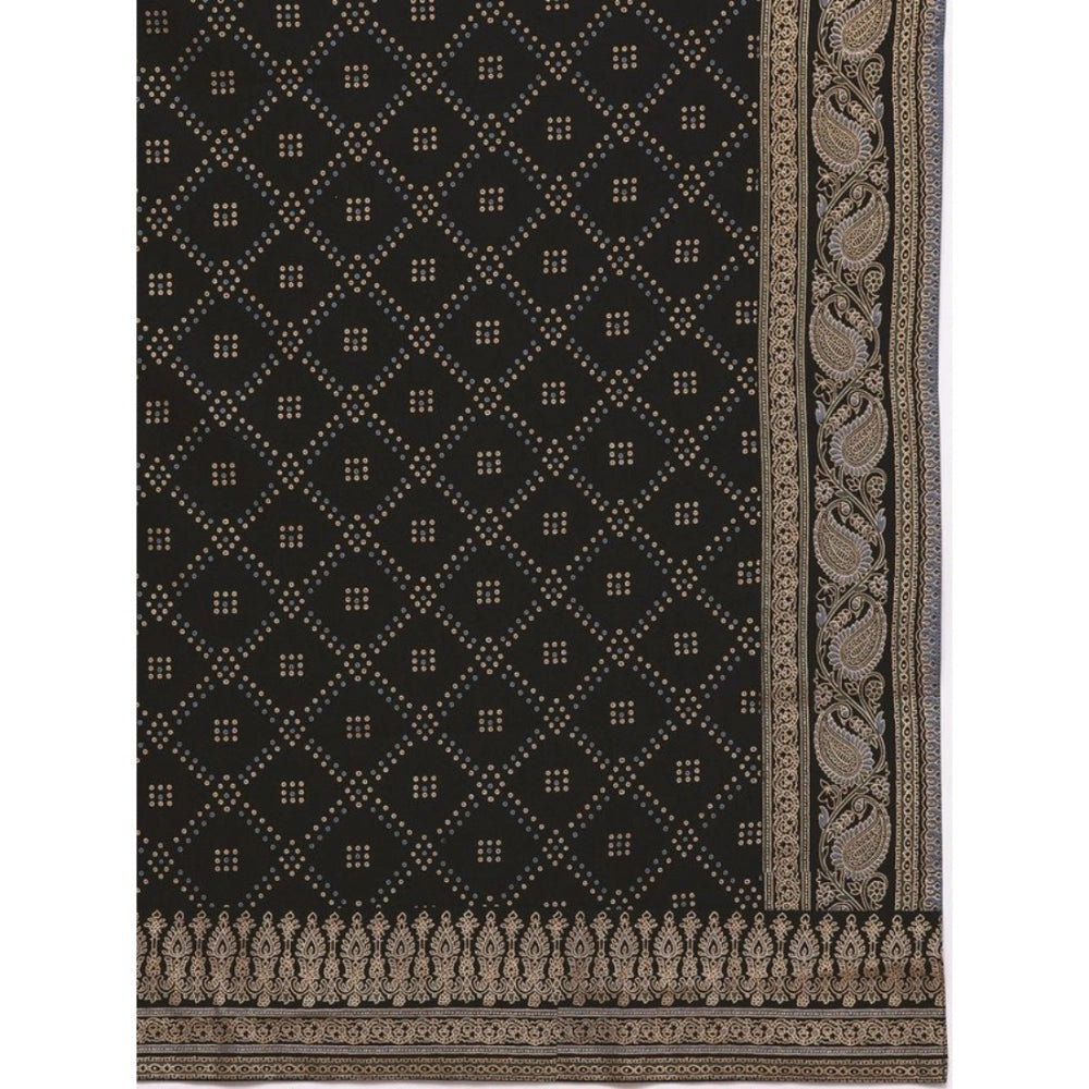 Black crepe ethnic motifs kurti pant and dupatta set with band collar, 3-4th sleeve length, knee-length style for women's casual wear