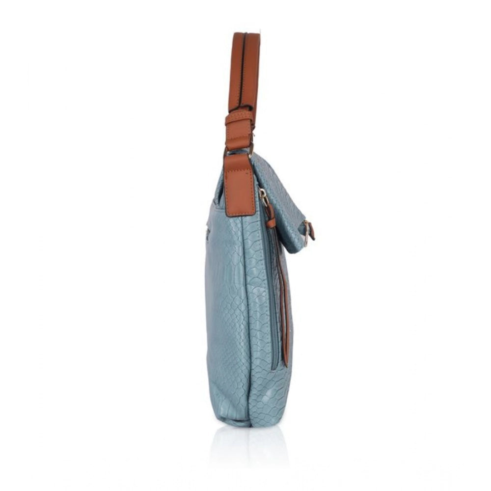 Blue faux leather textured sling bag with dual handle, synthetic lining and zipper closure