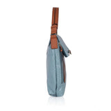 Blue faux leather textured sling bag with dual handle, synthetic lining and zipper closure