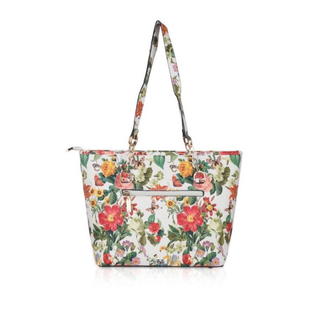 White faux leather printed tote bag with dual handle, zipper closure, synthetic lining, and vibrant orange pattern