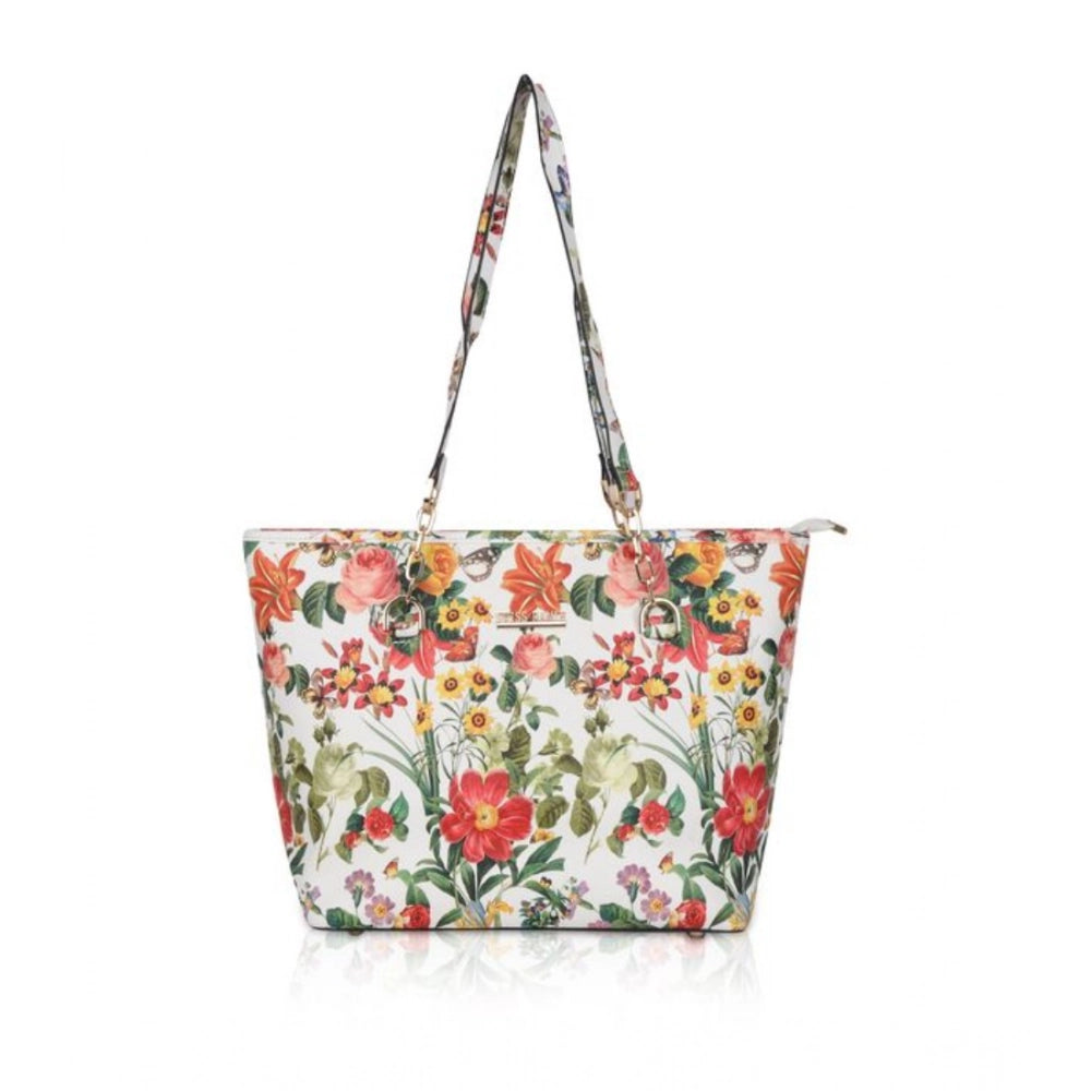 White faux leather printed tote bag with dual handle, orange pattern