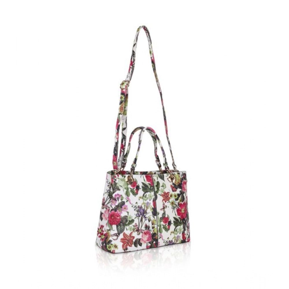 White pink faux leather printed handheld bag with dual handle, synthetic lining and zipper closure