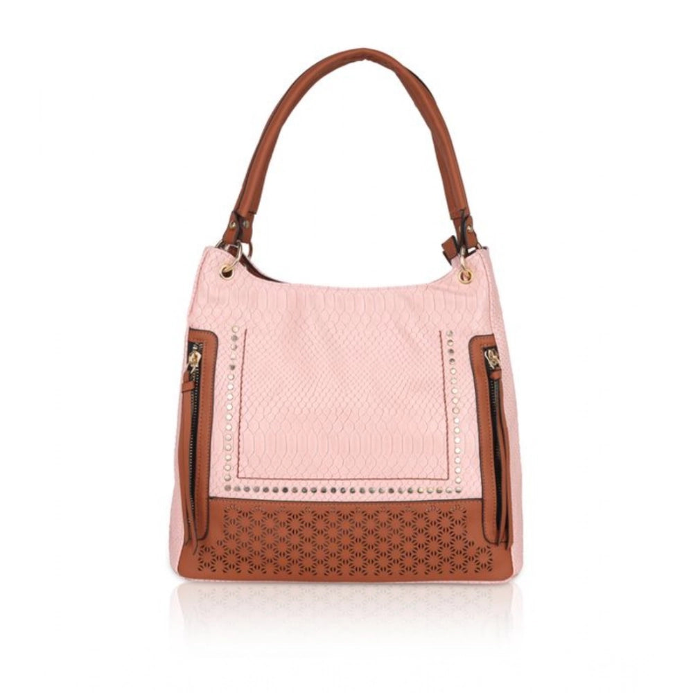 Pink faux leather printed tote bag with zipper closure and dual handle, featuring a patterned design