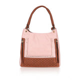 Pink faux leather printed tote bag with zipper closure and dual handle, featuring a patterned design