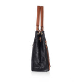 Black faux leather textured tote bag with zipper closure and dual handles