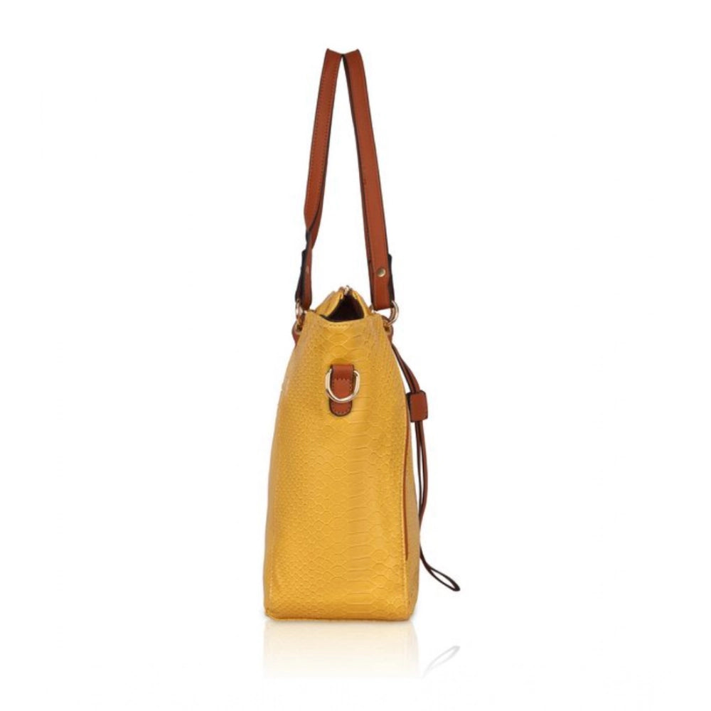 Yellow faux leather textured tote bag with dual handle and zipper closure