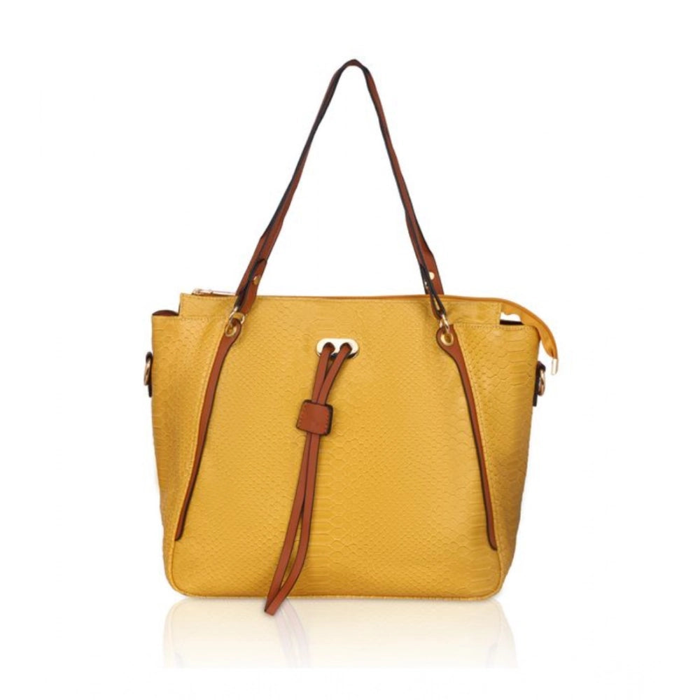 Yellow faux leather textured tote bag with zipper closure and dual handles