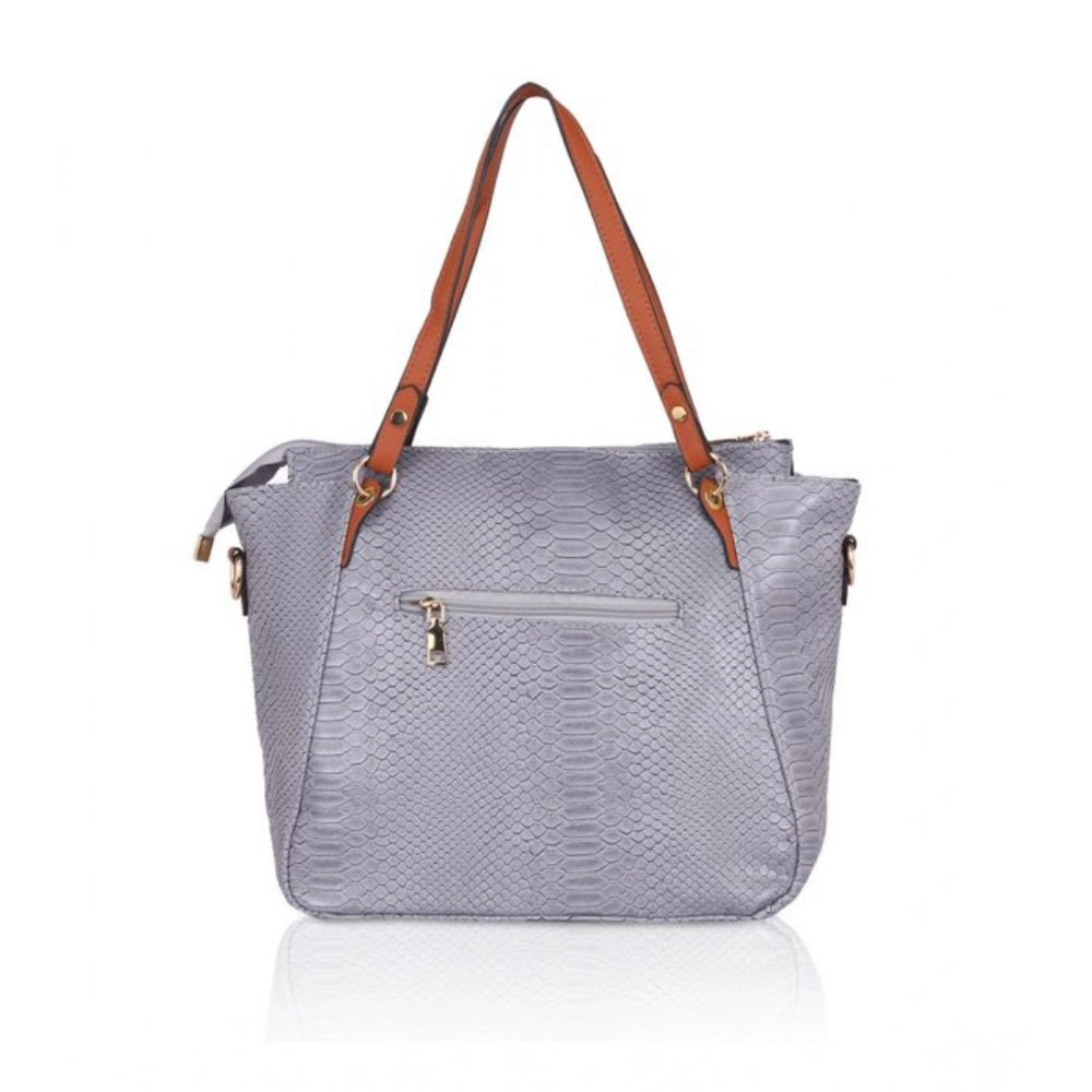 Grey faux leather textured tote bag with zipper closure & dual handles