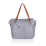 Grey faux leather textured tote bag with zipper closure & dual handles