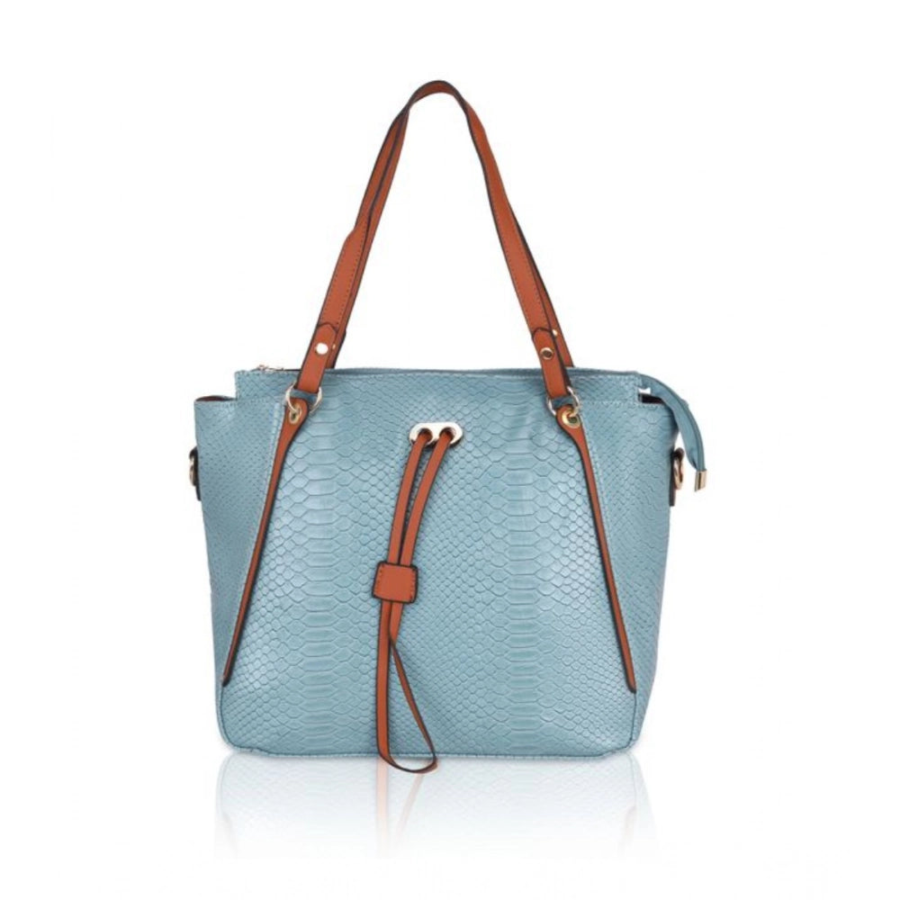 Blue faux leather textured tote bag with zipper closure and dual handles