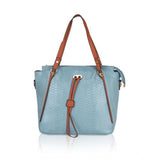 Blue faux leather textured tote bag with zipper closure and dual handles