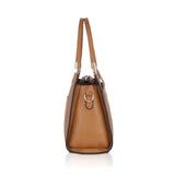 Brown faux leather textured adjustable long belt handbag with dual handles and zipper closure