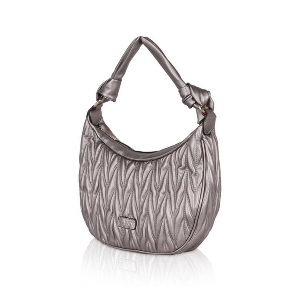 Silver grey faux leather textured handbag with dual handle, synthetic inner material and zipper closure