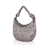 Silver grey faux leather textured handbag with dual handle, synthetic inner material and zipper closure