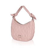 Pink faux leather textured handbag with dual handle, synthetic inner material, and zipper closure