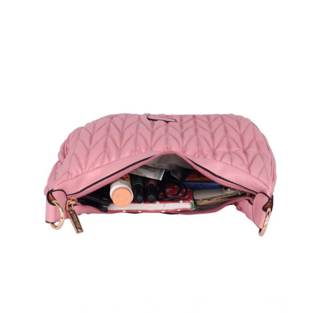 Pink faux leather textured handbag with dual handle, zipper closure