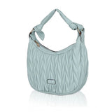 Blue faux leather textured handbag with zipper closure and dual handle straps