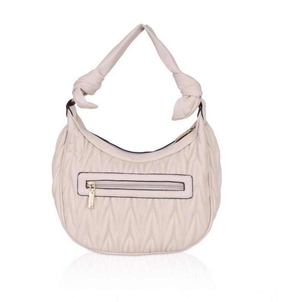 Beige white textured faux leather handbag with dual handle and zipper closure, synthetic inner material