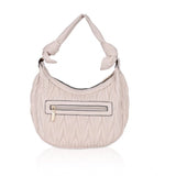 Beige white textured faux leather handbag with dual handle and zipper closure, synthetic inner material