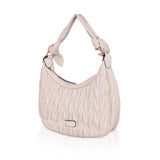 Beige white faux leather textured handbag with zipper closure and dual handle