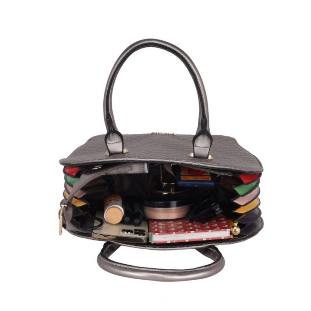Adjustable, long silver grey belt handbag with faux leather print