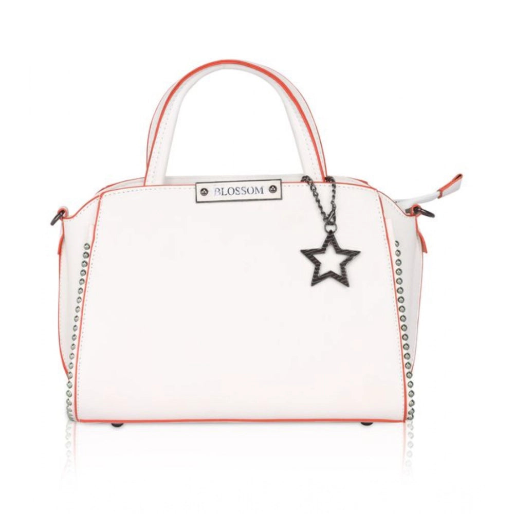 White faux leather metal beads handbag with dual handles and zipper closure