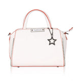 White faux leather metal beads handbag with dual handles and zipper closure