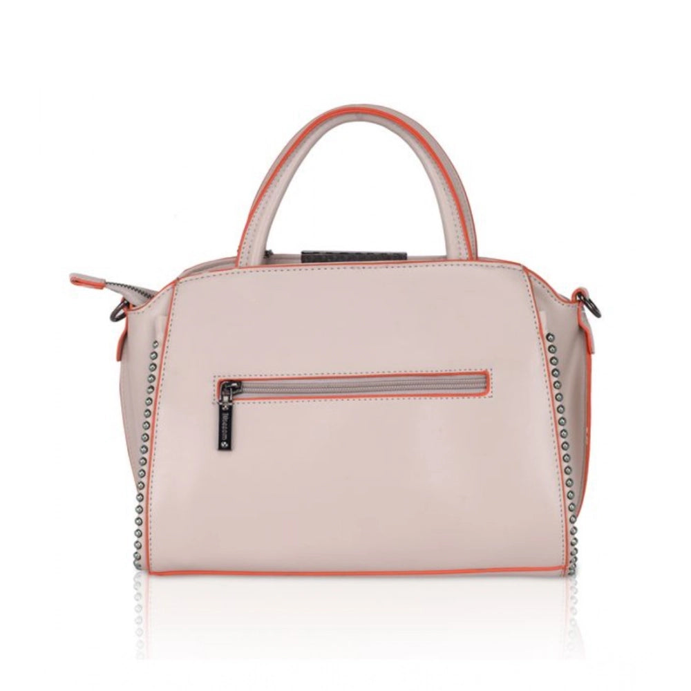 Khaki faux leather metal beads handbag with dual handle, synthetic inner material, and zipper closure