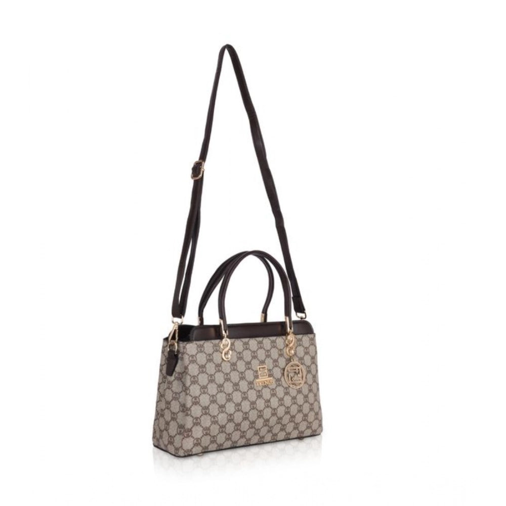 Coffee faux leather printed handbag with dual handle, synthetic lining, zipper closure