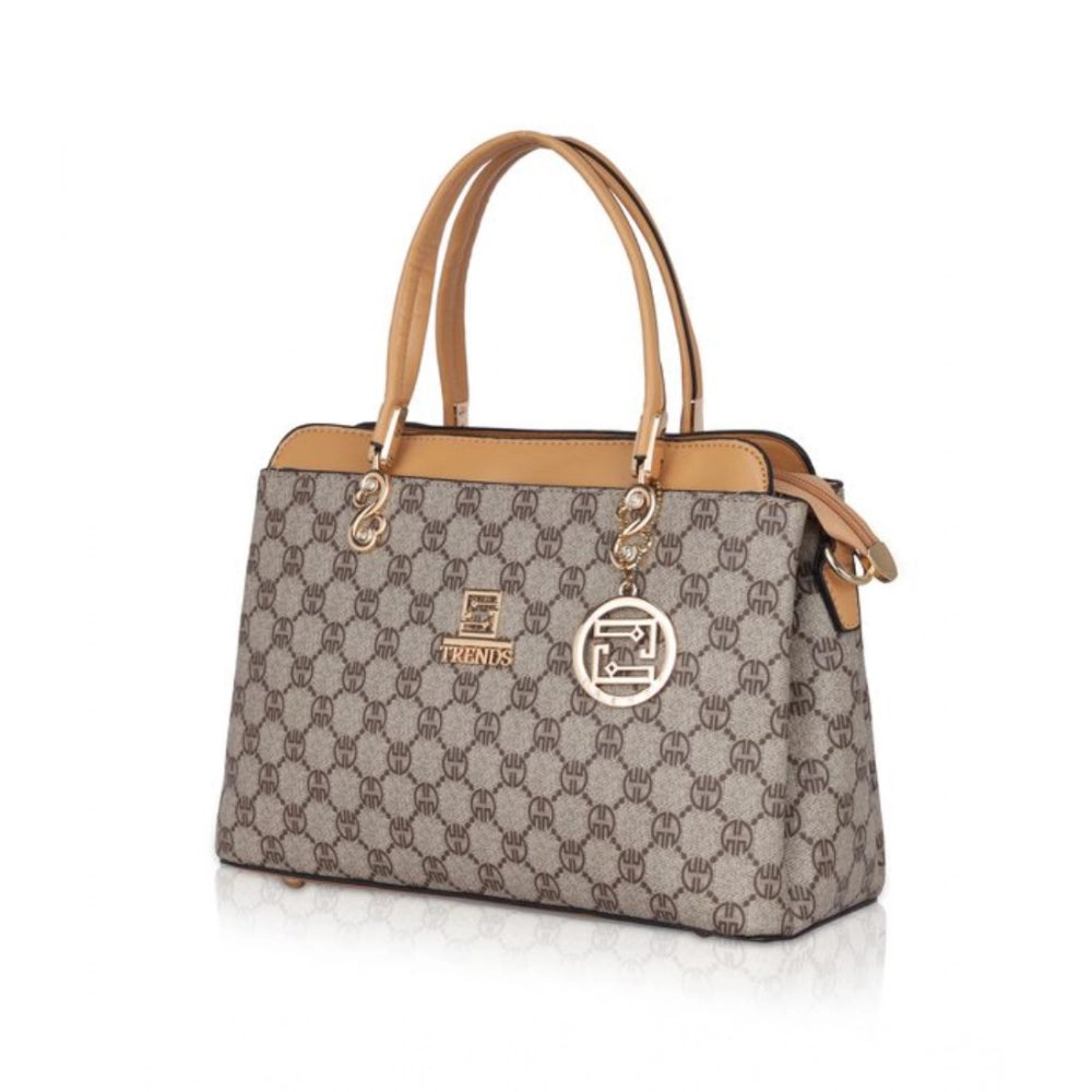 Faux leather camel-colored printed handbag with dual handle, synthetic inner material, and zipper closure