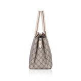 Beige faux leather printed handbag with dual handle and zipper closure, perfect for daily wear
