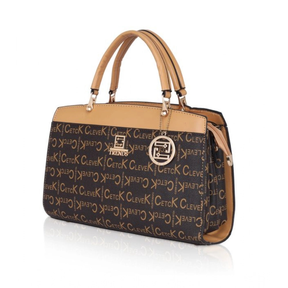 Camel faux leather printed handbag with dual handle, synthetic lining, zipper closure - fashion accessory on display