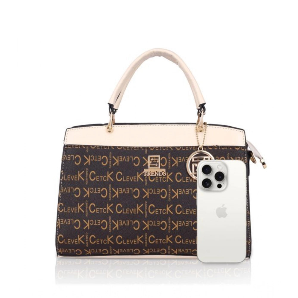 Beige faux leather printed handbag with zipper closure and dual handles, synthetic lining, patterned design on display