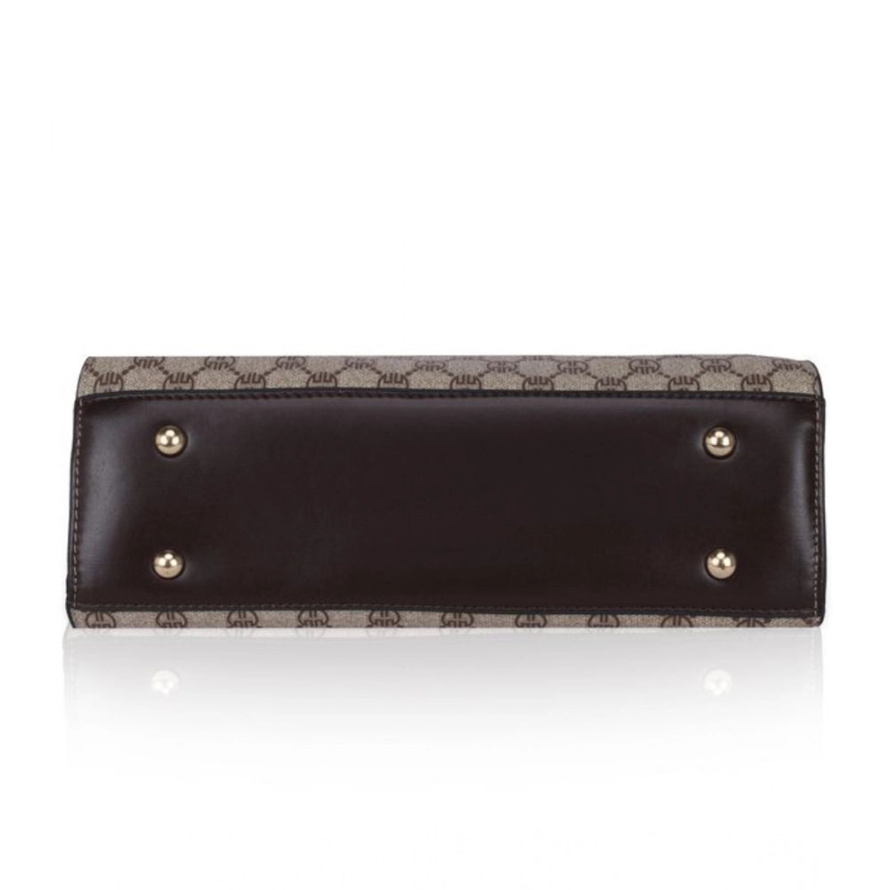 Coffee faux leather printed handbag for women, synthetic inner material, dual handle type